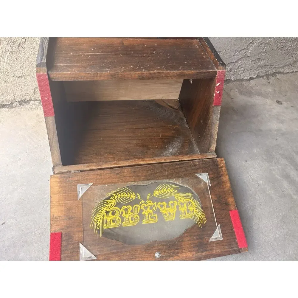 Vintage Stained Glass Oak Wooden Brass Hinges Bread Box